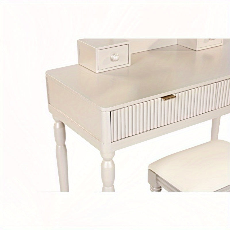 Chic Height-Adjustable Vanity Set with Round Mirror, 4 Spacious Drawers, Champagne Colored Dressing Table with Stool, Perfect for Home