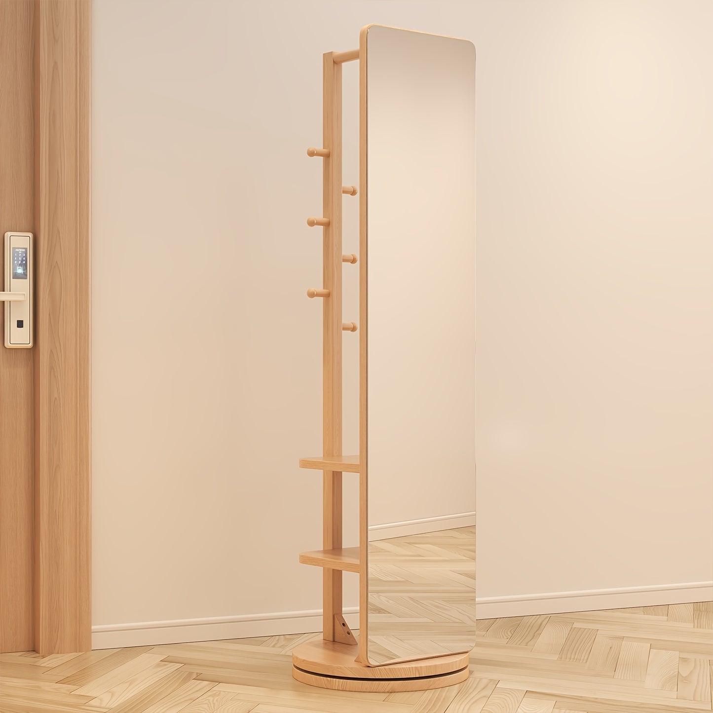 Solid Wood Floor Mirror With Coat Rack - Rotating Multifunctional Mirror Furniture For Home Teacher Furniture Storage Wardrobe, Suitable For Bedroom And Living Room, Free Shipping