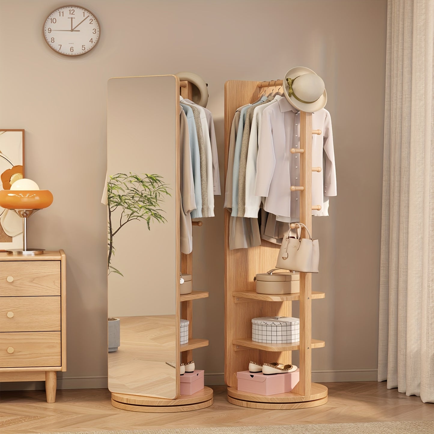 Solid Wood Floor Mirror With Coat Rack - Rotating Multifunctional Mirror Furniture For Home Teacher Furniture Storage Wardrobe, Suitable For Bedroom And Living Room, Free Shipping