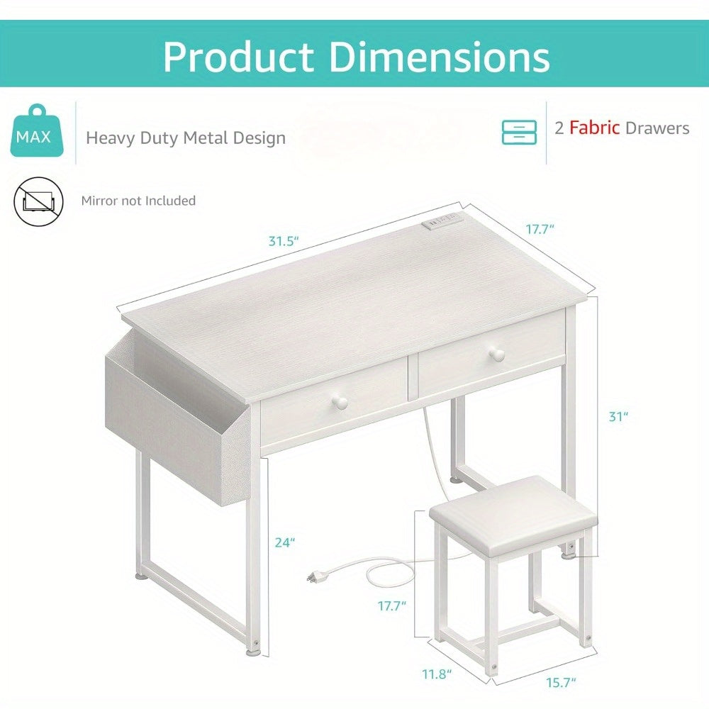 White Makeup Vanity Desk No Mirror with Chair, Small Vanity Table Set with Fabric Drawers