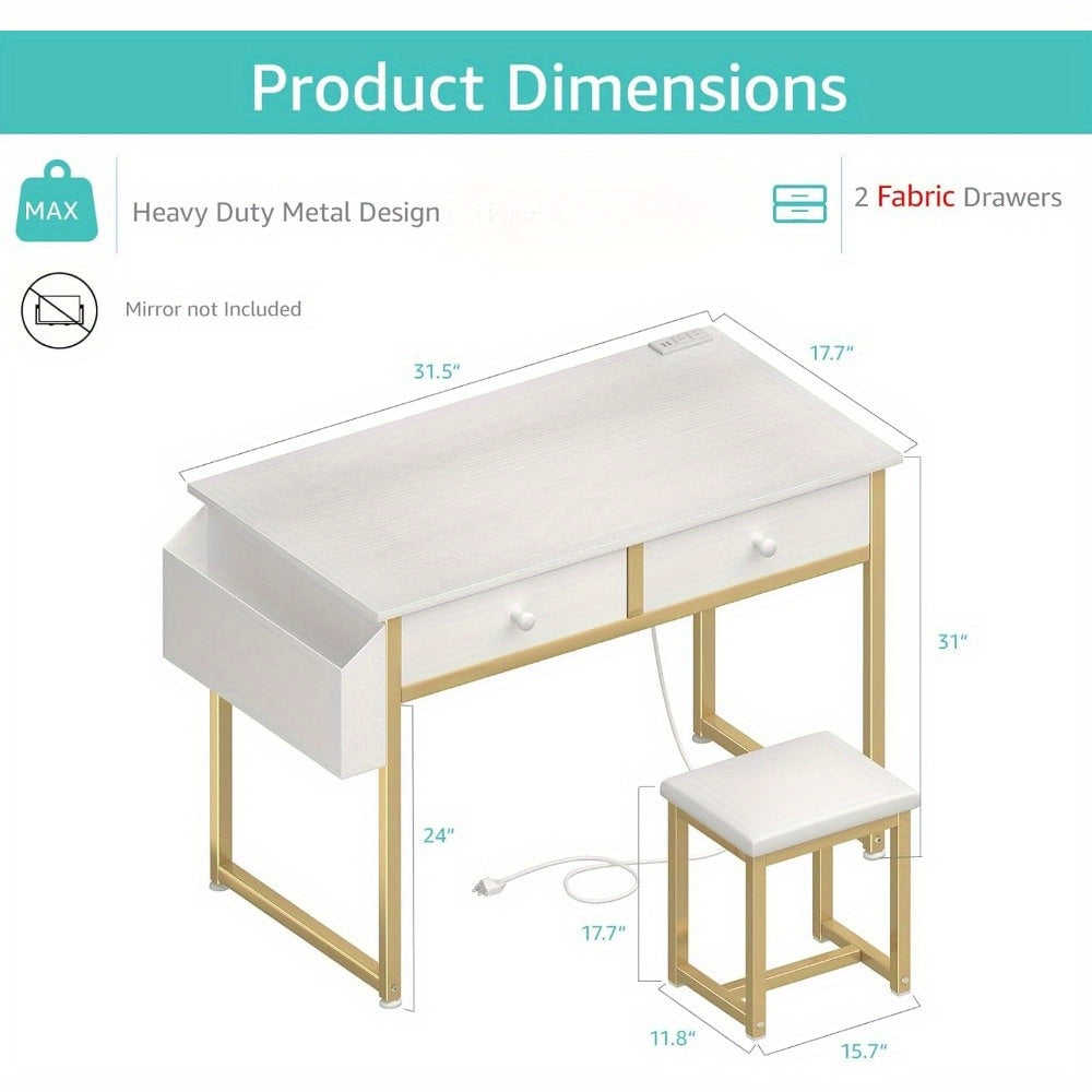 White Makeup Vanity Desk No Mirror with Chair, Small Vanity Table Set with Fabric Drawers