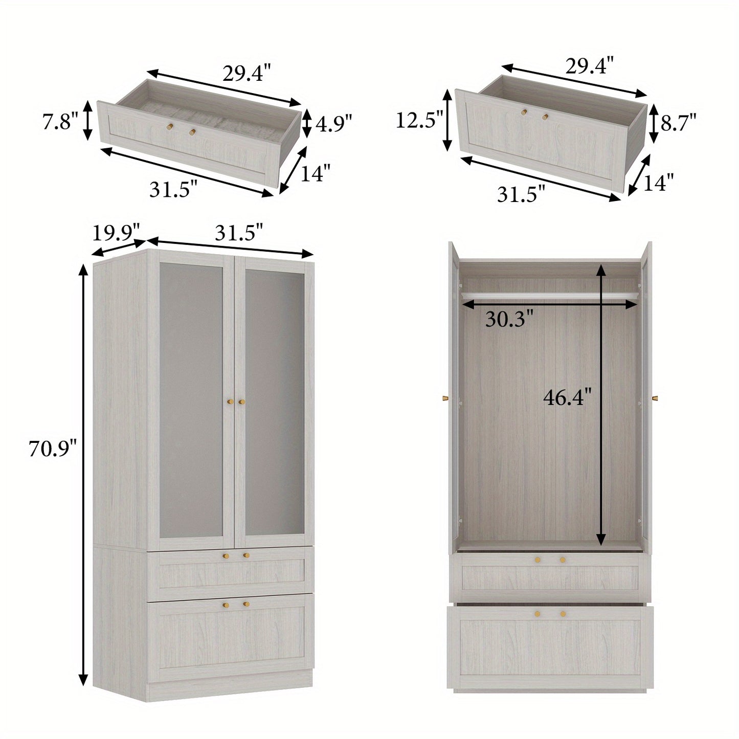 Modern Wardrobe Closet FUFU&GAGA Modern White Wooden Wardrobe Closet | Frosted Glass Doors, Hanging Bar & 2 Drawers - 27\