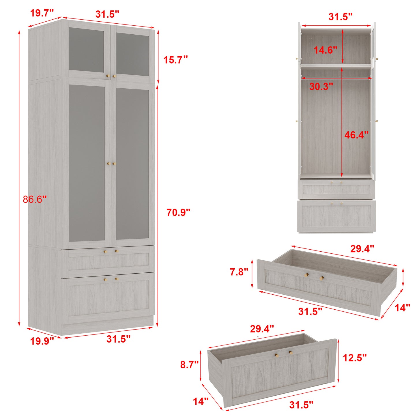 Modern Wardrobe Closet FUFU&GAGA Modern White Wooden Wardrobe Closet | Frosted Glass Doors, Hanging Bar & 2 Drawers - 27\