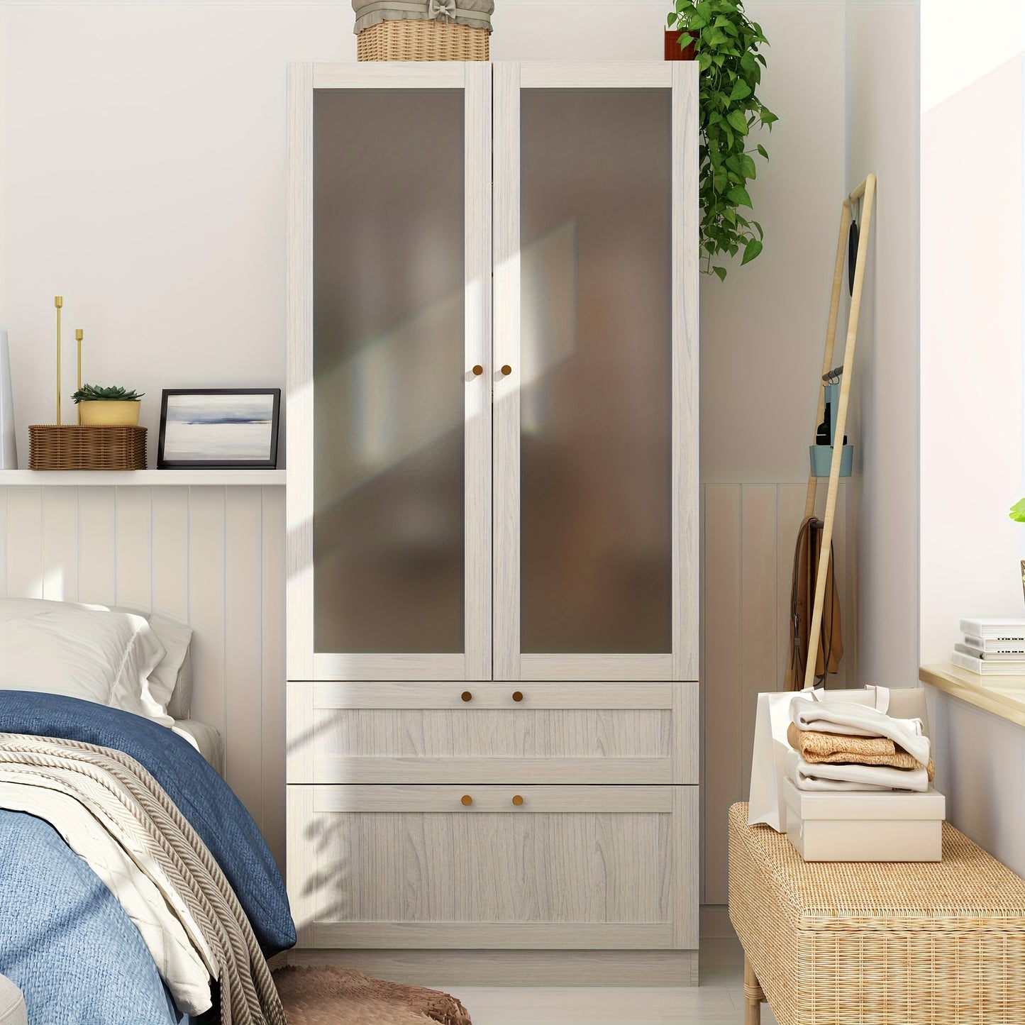 Modern Wardrobe Closet FUFU&GAGA Modern White Wooden Wardrobe Closet | Frosted Glass Doors, Hanging Bar & 2 Drawers - 27\