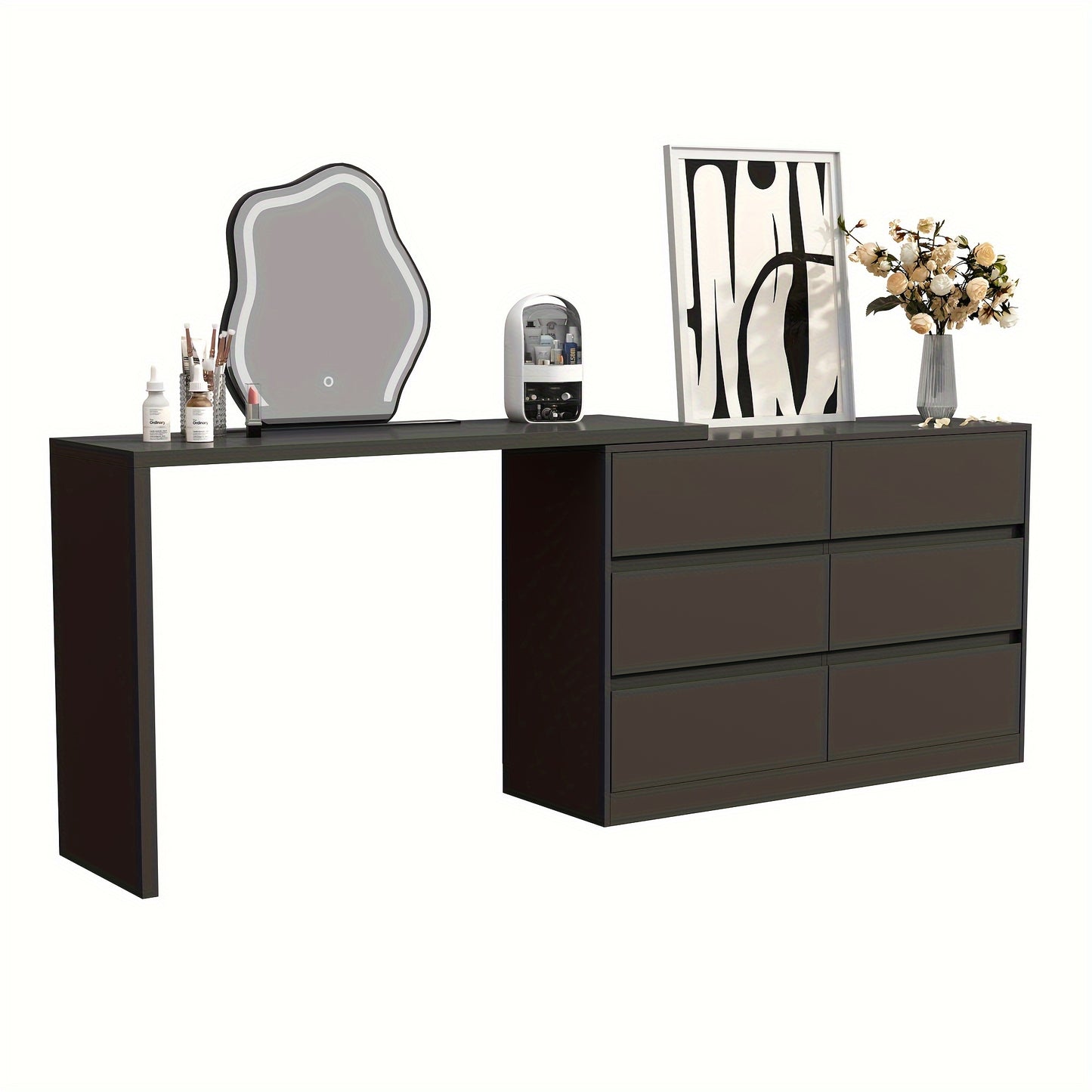 Rotating 6-drawer Makeup Vanity Dressing Table for Bedroom, Multi-functional Combination Cabinet for Office Desk, Modern And Minimalist Design, Black