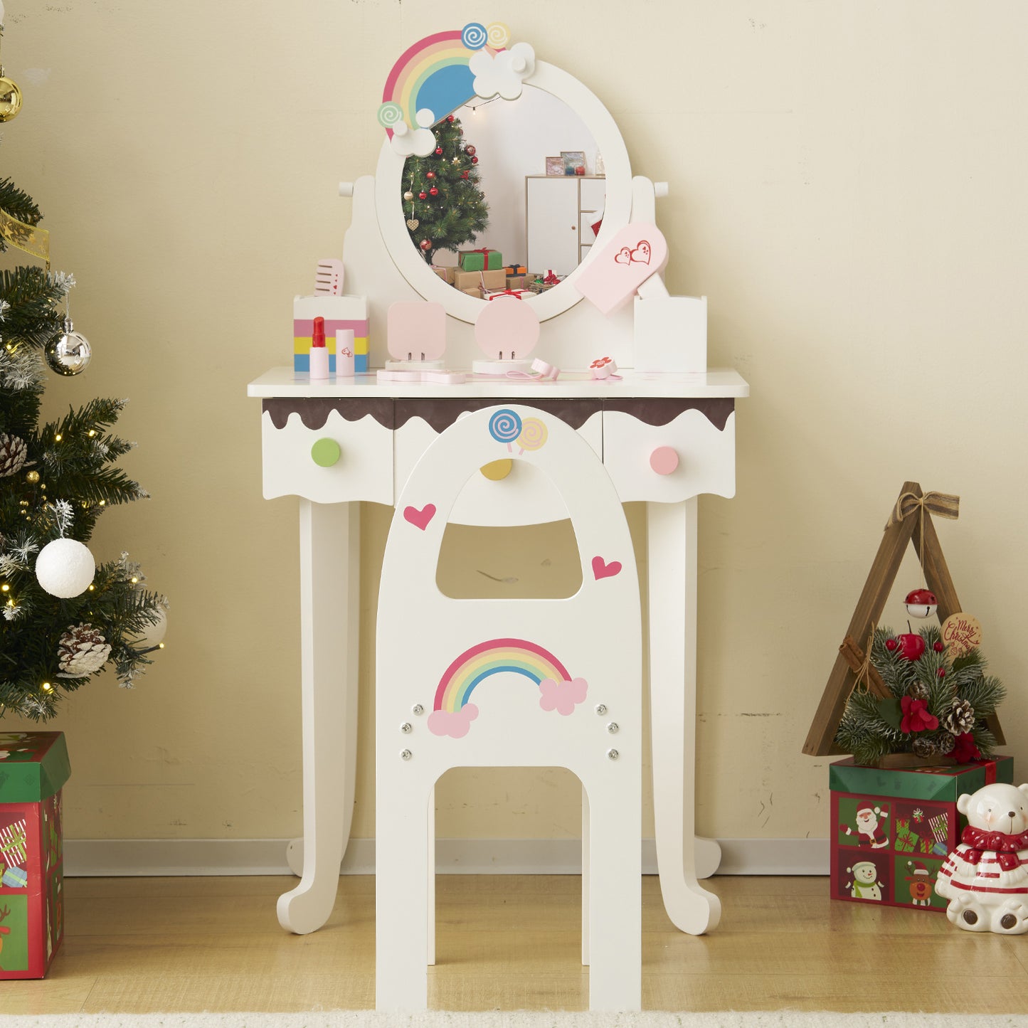 White\u002F Pink MDF Spray Paint 1 Mirror 3 Drawers 2 Desktop Storage Boxes Dressing Table Set Semicircular Backrest