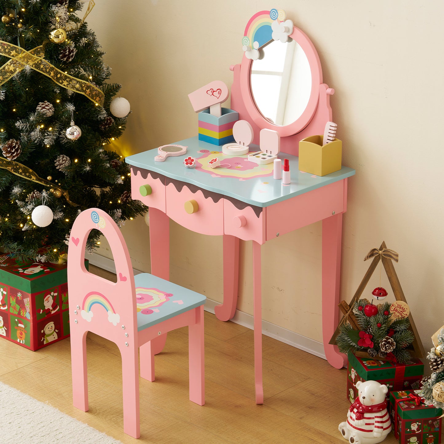 White\u002F Pink MDF Spray Paint 1 Mirror 3 Drawers 2 Desktop Storage Boxes Dressing Table Set Semicircular Backrest