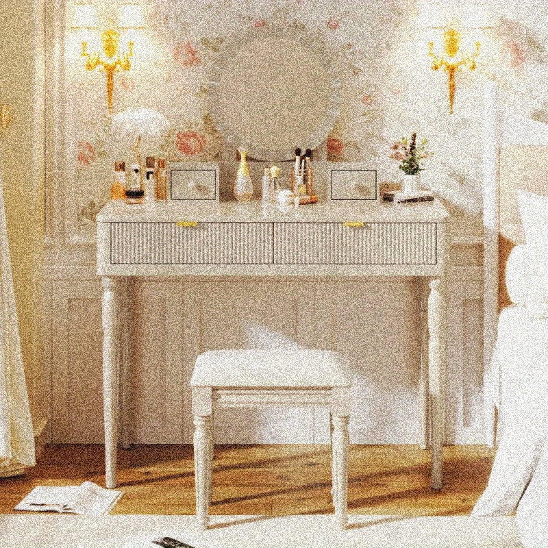 Chic Height-Adjustable Vanity Set with Round Mirror, 4 Spacious Drawers, Champagne Colored Dressing Table with Stool, Perfect for Home