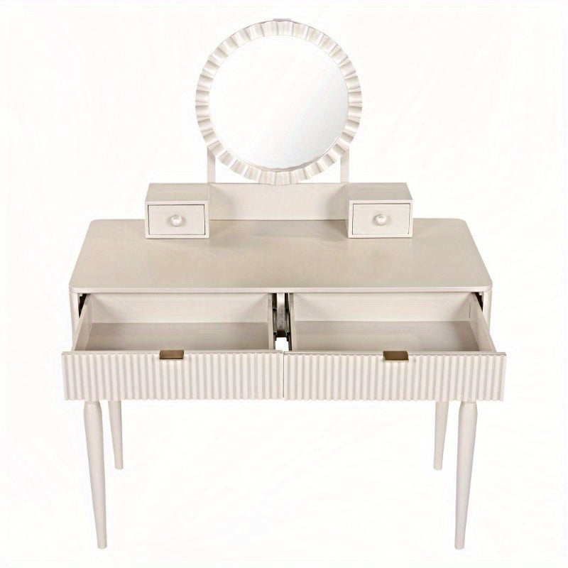 Chic Height-Adjustable Vanity Set with Round Mirror, 4 Spacious Drawers, Champagne Colored Dressing Table with Stool, Perfect for Home