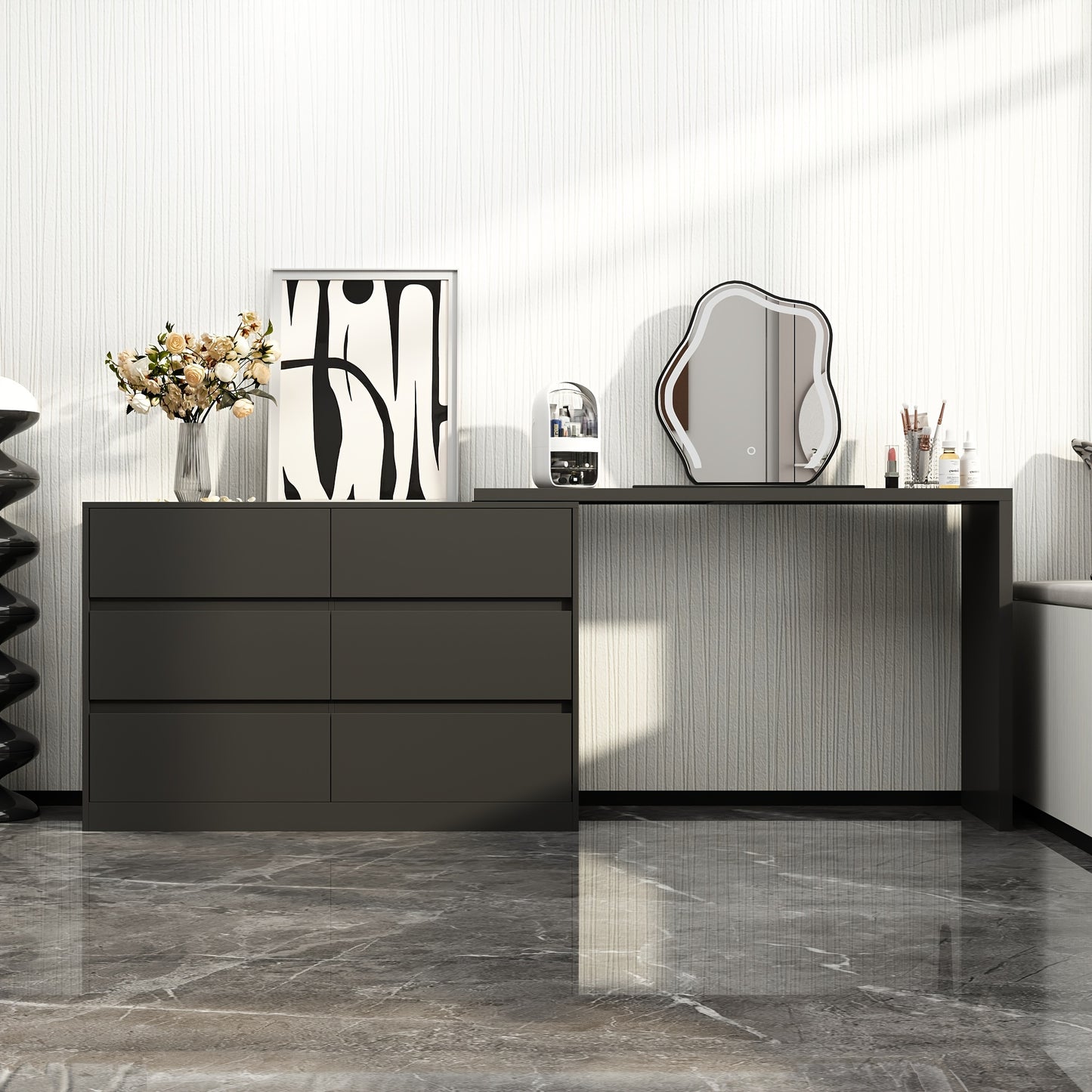 Rotating 6-drawer Makeup Vanity Dressing Table for Bedroom, Multi-functional Combination Cabinet for Office Desk, Modern And Minimalist Design, Black