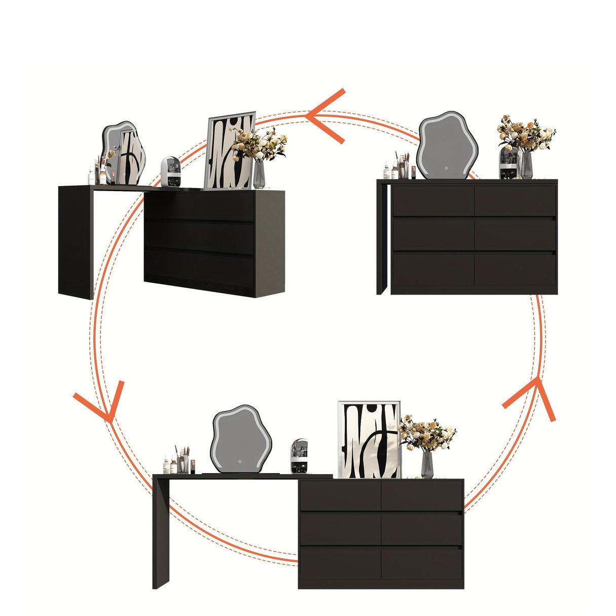 Rotating 6-drawer Makeup Vanity Dressing Table for Bedroom, Multi-functional Combination Cabinet for Office Desk, Modern And Minimalist Design, Black