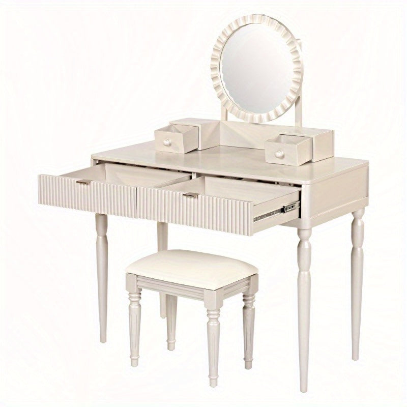 Chic Height-Adjustable Vanity Set with Round Mirror, 4 Spacious Drawers, Champagne Colored Dressing Table with Stool, Perfect for Home