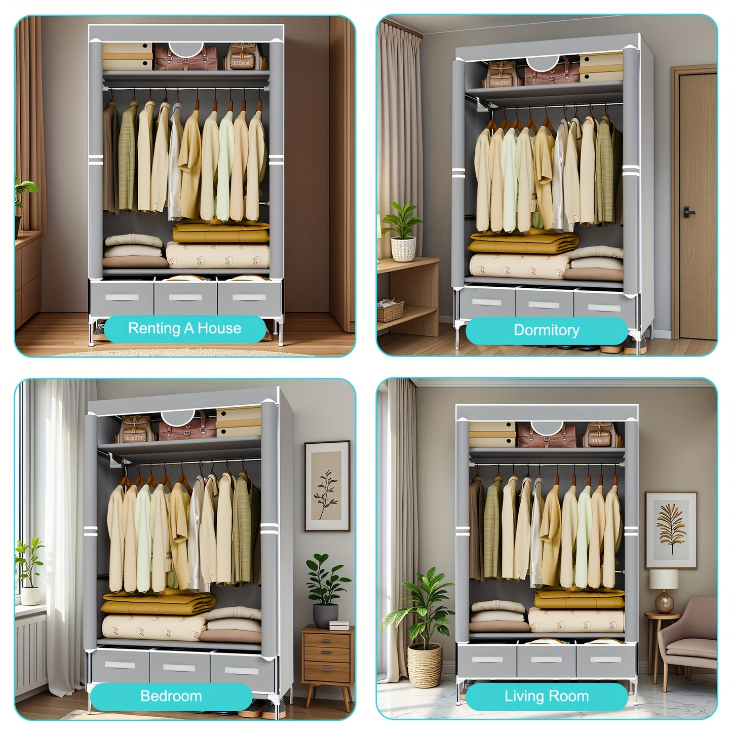 Portable Clothes Closet Rolling Door Wardrobe with Hanging Rack Non-Woven Fabric Storage Organizer with Three Drawer Boxes No-Tool Assembly-35. 4\