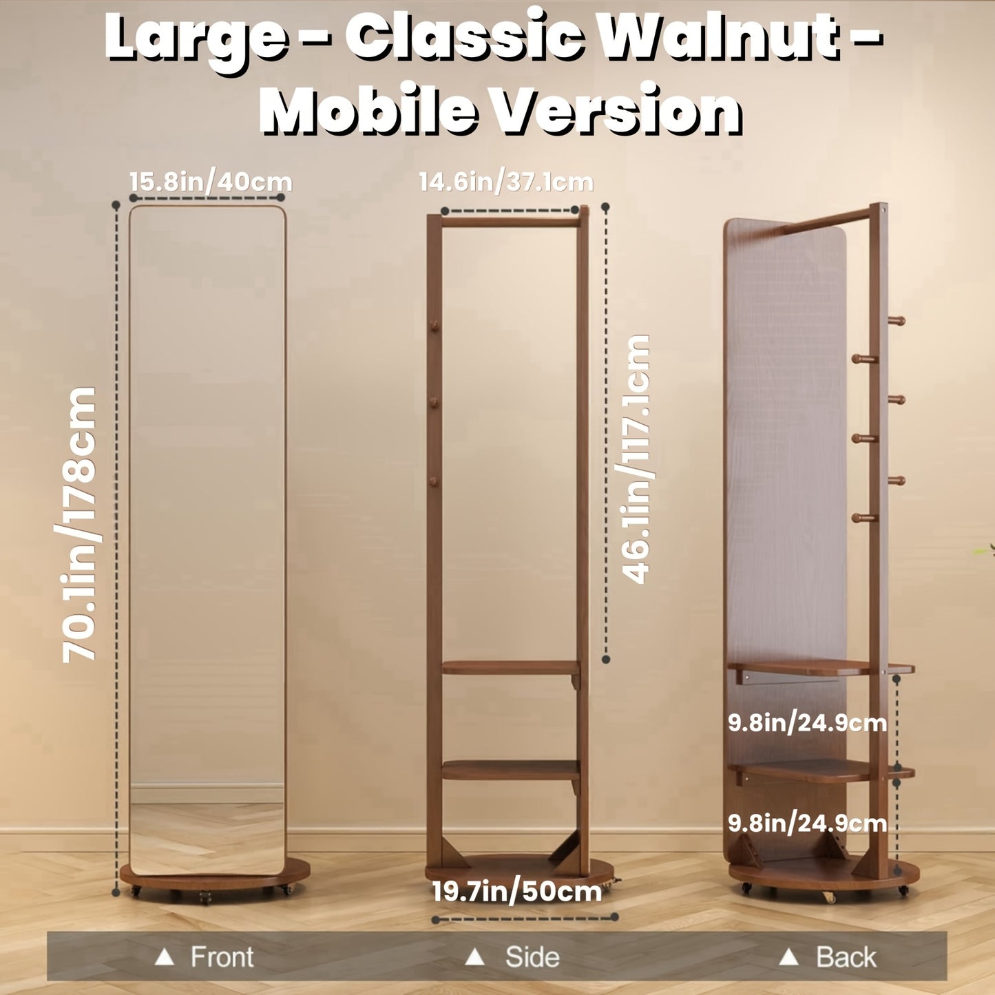 Solid Wood Floor Mirror With Coat Rack - Rotating Multifunctional Mirror Furniture For Home Teacher Furniture Storage Wardrobe, Suitable For Bedroom And Living Room, Free Shipping