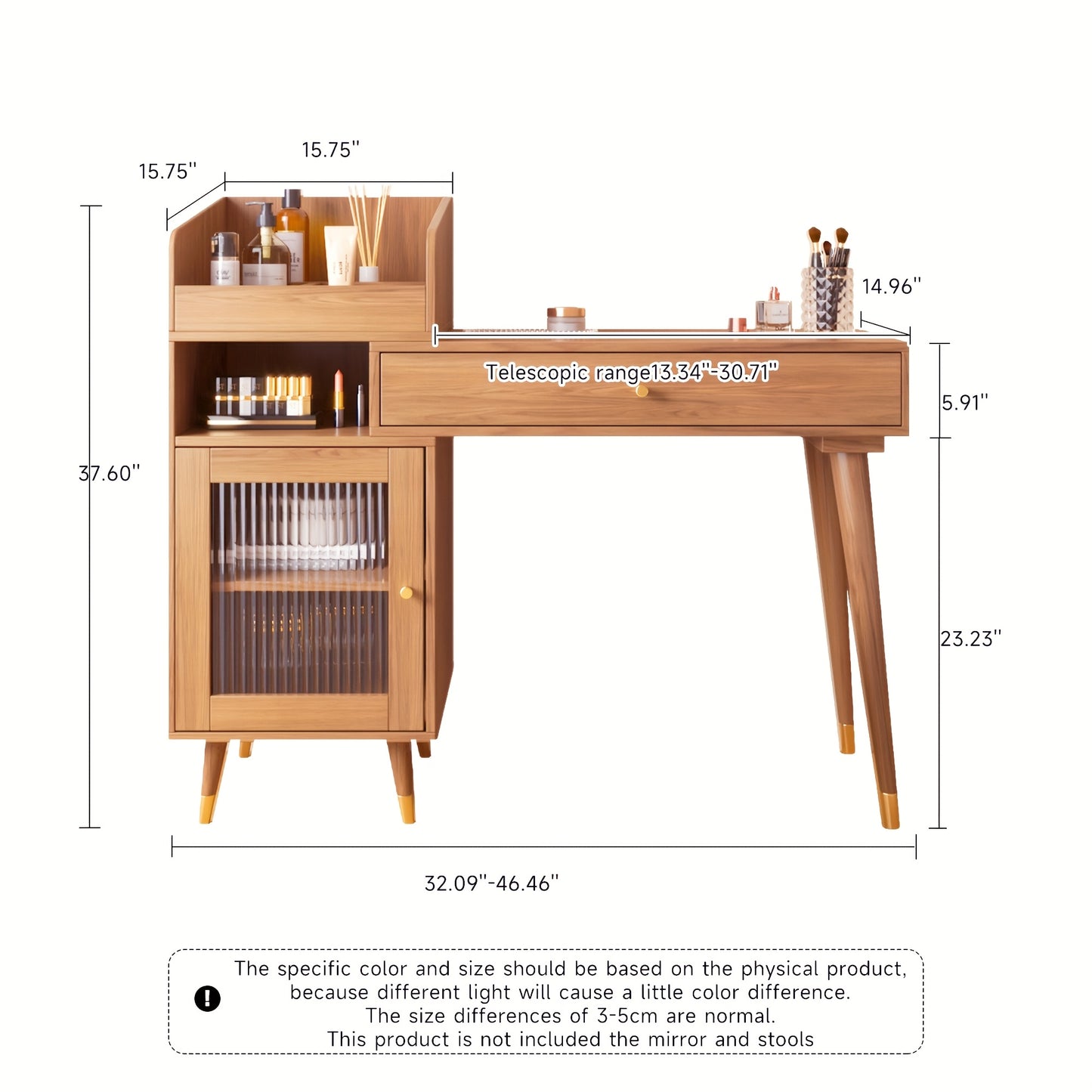 1pc Modern Rustic Style Makeup Vanity Desk with Storage Drawers & Cabinet - Stretchable, Left or Right Installation, Walnut\u002FBlack Wood - Ideal for Bedroom & Makeup Room Decor