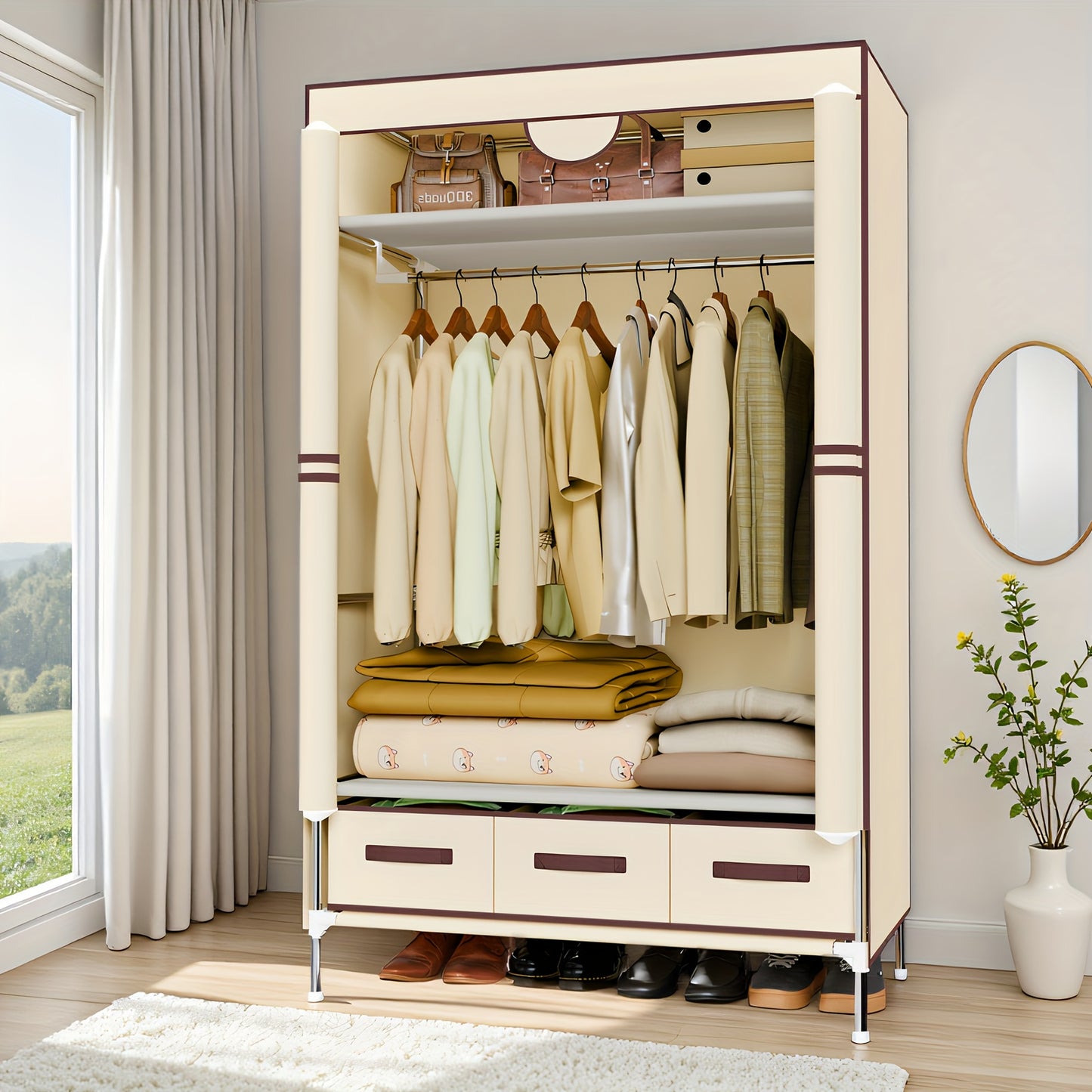 Portable Clothes Closet Rolling Door Wardrobe with Hanging Rack Non-Woven Fabric Storage Organizer with Three Drawer Boxes No-Tool Assembly-35. 4\
