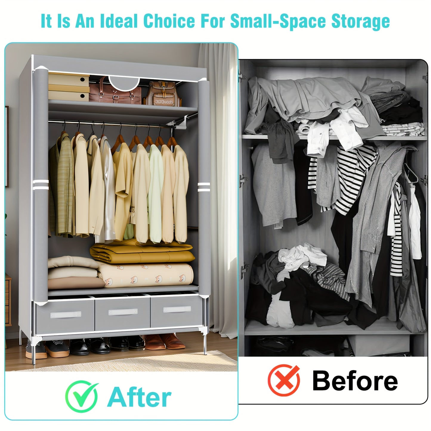 Portable Clothes Closet Rolling Door Wardrobe with Hanging Rack Non-Woven Fabric Storage Organizer with Three Drawer Boxes No-Tool Assembly-35. 4\