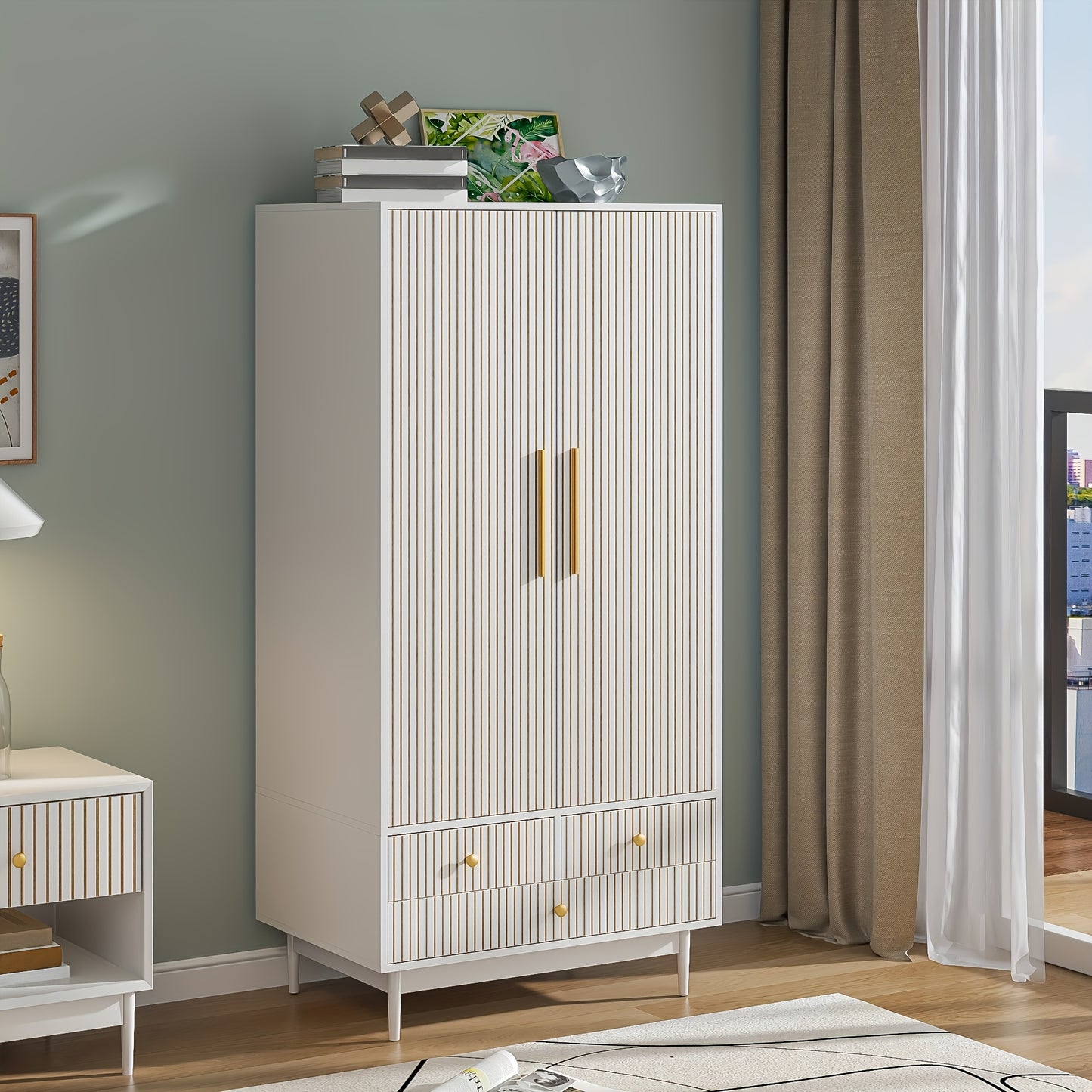 JEJEGORICH Armoire Wardrobe Closet, Freestanding Closet Organizer with Drawers with 2 Fluted Doors, Wardrobe Cabinet with Shelves And Hanging Rod
