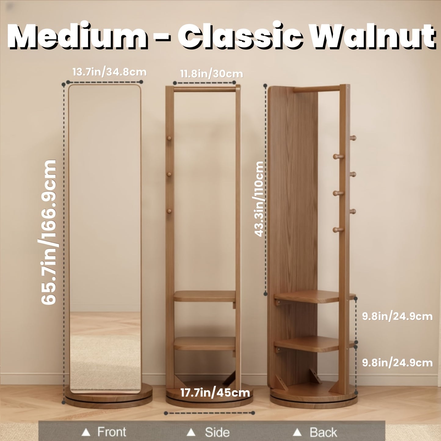 Solid Wood Floor Mirror With Coat Rack - Rotating Multifunctional Mirror Furniture For Home Teacher Furniture Storage Wardrobe, Suitable For Bedroom And Living Room, Free Shipping