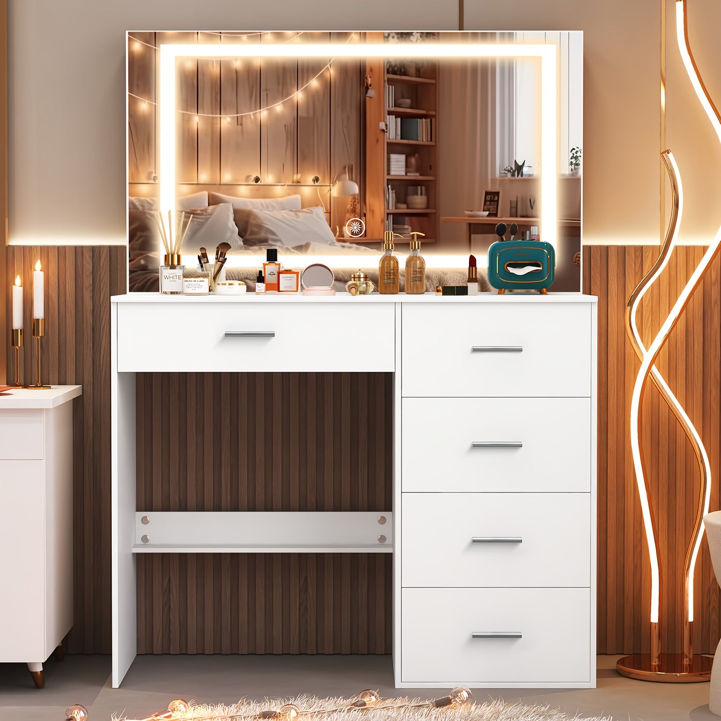 31.5inch White Vanity Table Makeup Dressing Desk with Large HD Lighted Mirror, 5 Drawers, Adjust Modes & Dimmable, Dressing Table with LED Mirror for Girls Bedroom Furniture