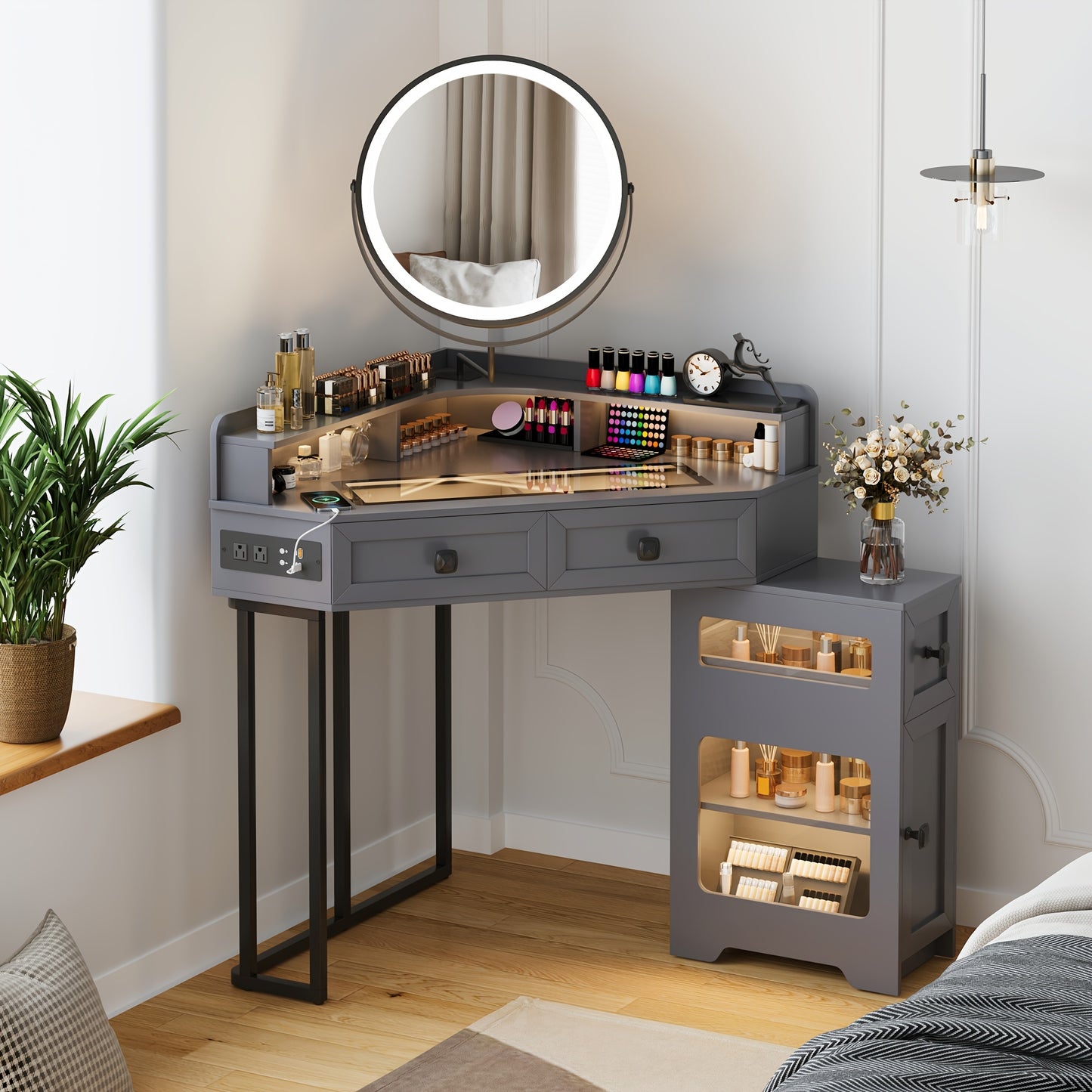 Dystler Corner Vanity with Mirror and Lights, Modern Makeup Vanity Set with Charging Station for Bedroom\u002FCloakroom, Glass Top Vanity Table with Drawers and Shelves, White