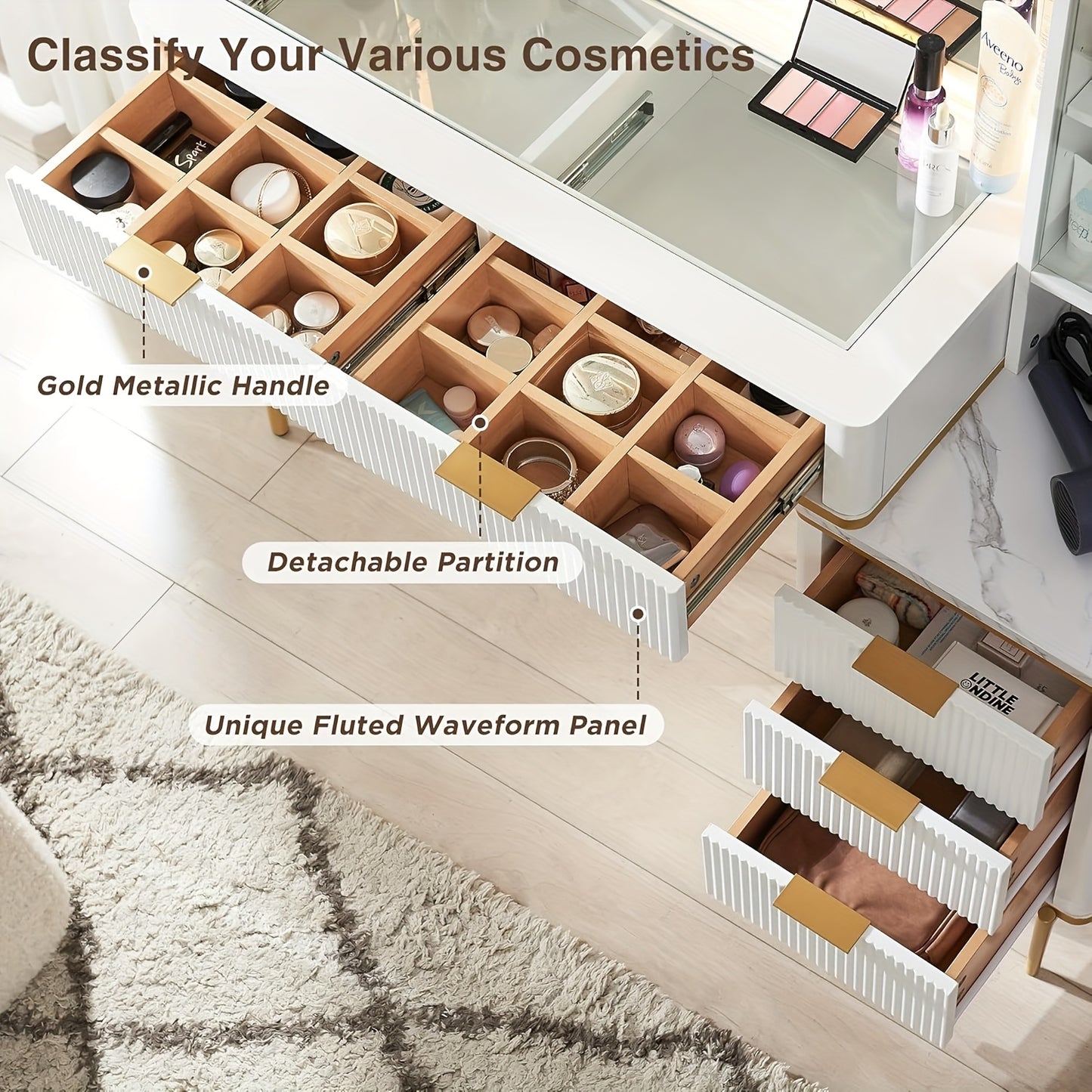 Fluted Makeup Vanity Desk with 36\