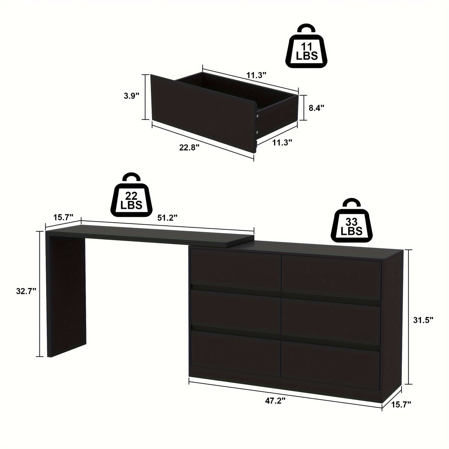 Rotating 6-drawer Makeup Vanity Dressing Table for Bedroom, Multi-functional Combination Cabinet for Office Desk, Modern And Minimalist Design, Black