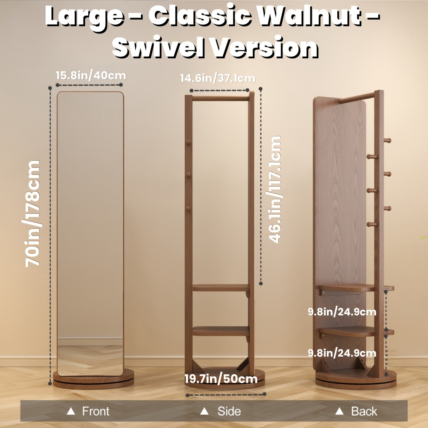 Solid Wood Floor Mirror With Coat Rack - Rotating Multifunctional Mirror Furniture For Home Teacher Furniture Storage Wardrobe, Suitable For Bedroom And Living Room, Free Shipping