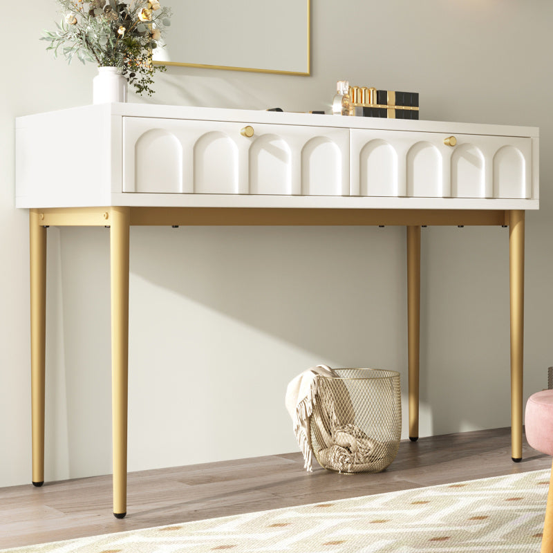 Modern Metal Leg Double Drawer Dressing Table - Vintage Style Wood & Metal Multifunctional Vanity with 2 Drawers, 27\