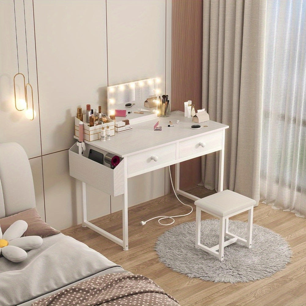 White Makeup Vanity Desk No Mirror with Chair, Small Vanity Table Set with Fabric Drawers