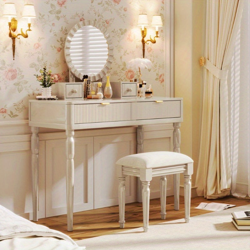 Chic Height-Adjustable Vanity Set with Round Mirror, 4 Spacious Drawers, Champagne Colored Dressing Table with Stool, Perfect for Home