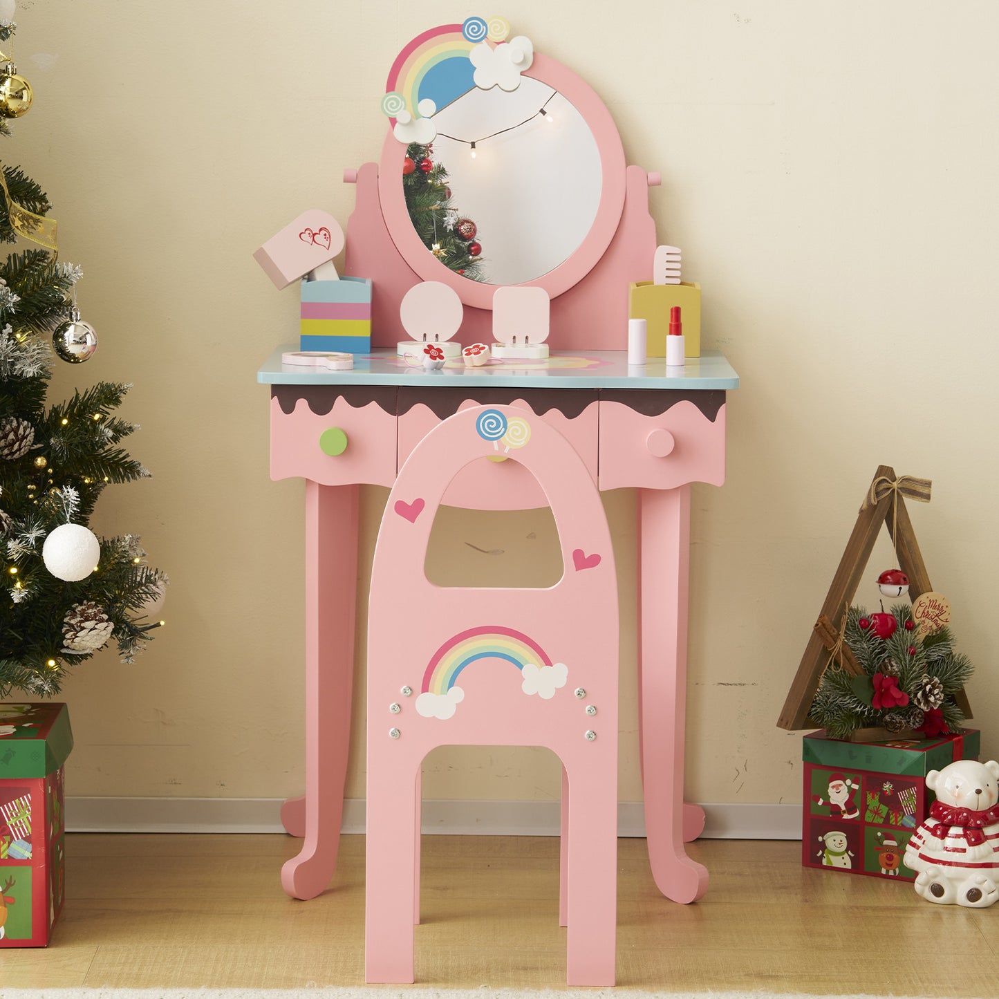 White\u002F Pink MDF Spray Paint 1 Mirror 3 Drawers 2 Desktop Storage Boxes Dressing Table Set Semicircular Backrest