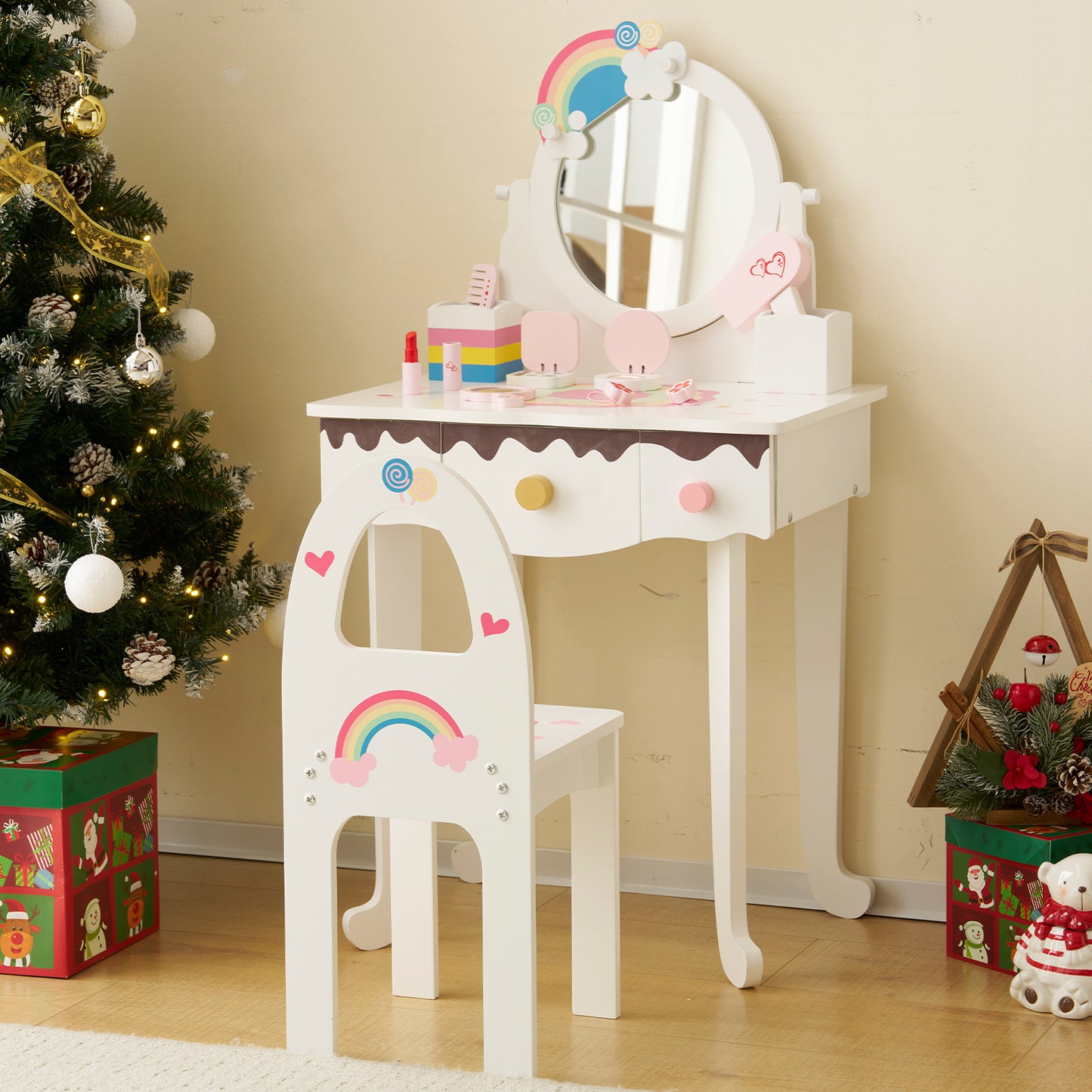 White\u002F Pink MDF Spray Paint 1 Mirror 3 Drawers 2 Desktop Storage Boxes Dressing Table Set Semicircular Backrest