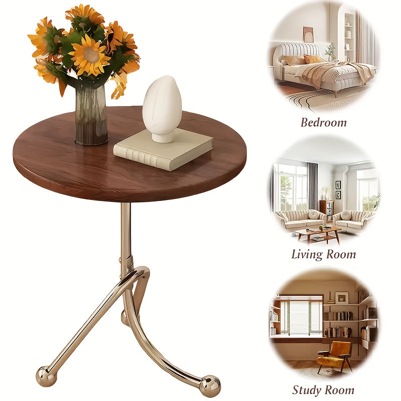 Stainless Steel Small Round Living Room Table, Vintage Style Bedside Desk with Unique Bracket Design for Solid Structure