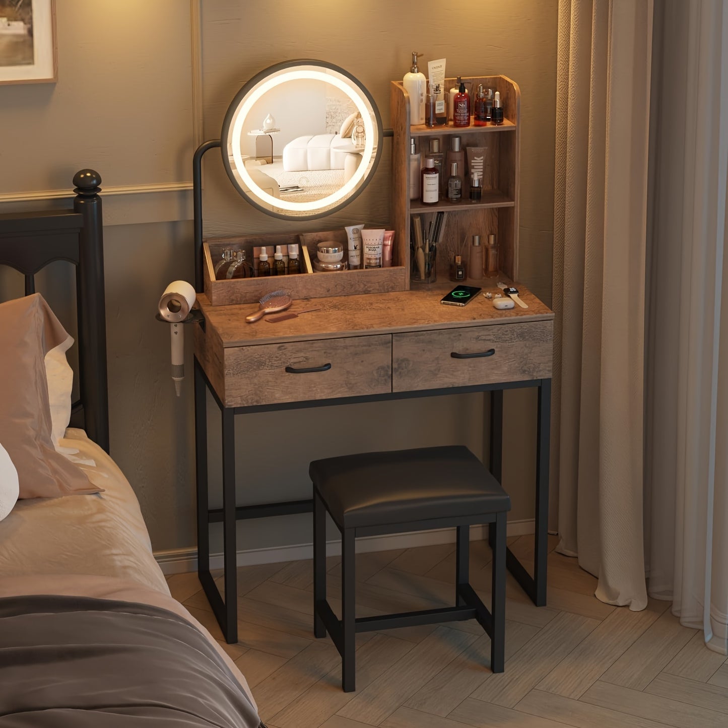 Vanity Desk Set With Mirror 2 Drawer Makeup Table & Velvet Stool | Vanity Desk Set With Oval Mirror, Small Space Bedroom Furniture