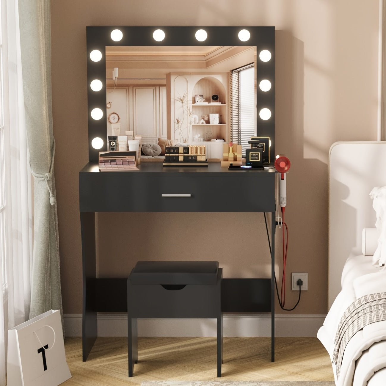3-Drawer Vanity Desk With Lights - Makeup Vanities With Mirror, Power Outlet
