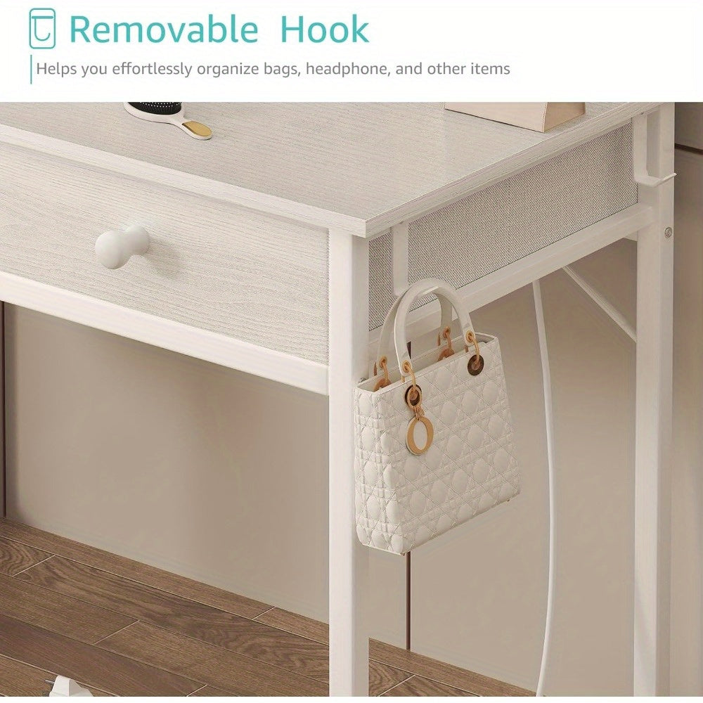 White Makeup Vanity Desk No Mirror with Chair, Small Vanity Table Set with Fabric Drawers