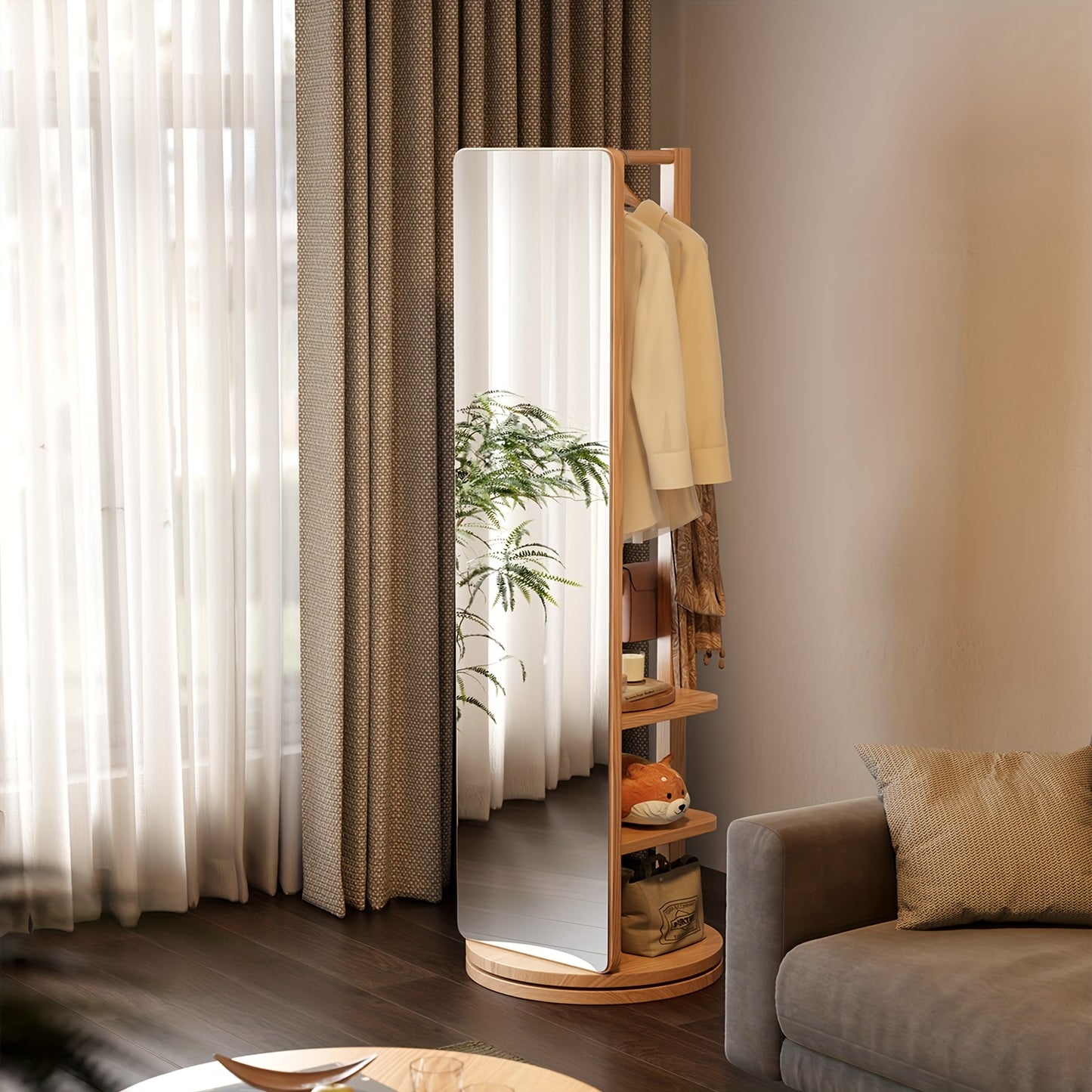Solid Wood Floor Mirror With Coat Rack - Rotating Multifunctional Mirror Furniture For Home Teacher Furniture Storage Wardrobe, Suitable For Bedroom And Living Room, Free Shipping