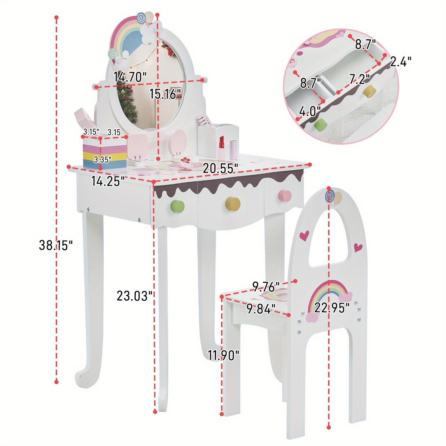 White\u002F Pink MDF Spray Paint 1 Mirror 3 Drawers 2 Desktop Storage Boxes Dressing Table Set Semicircular Backrest