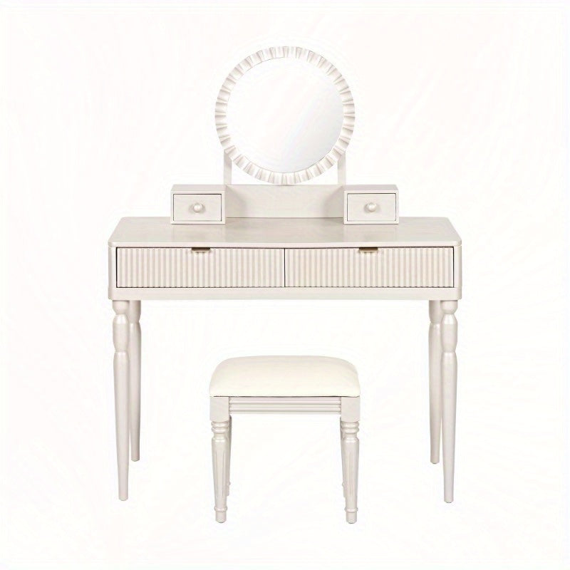 Chic Height-Adjustable Vanity Set with Round Mirror, 4 Spacious Drawers, Champagne Colored Dressing Table with Stool, Perfect for Home