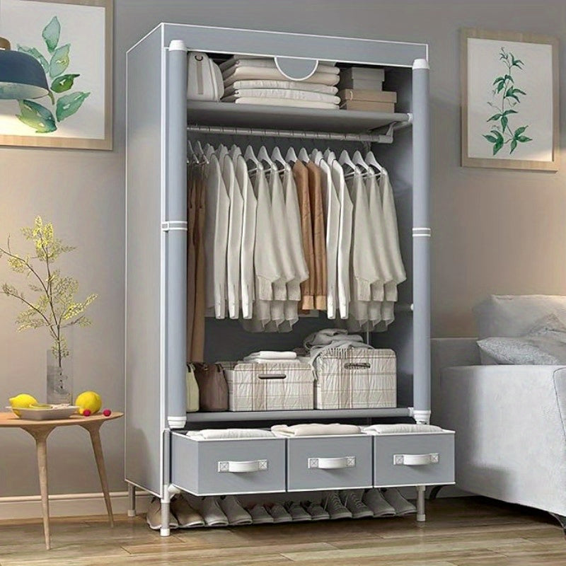 Portable Clothes Closet Rolling Door Wardrobe with Hanging Rack Non-Woven Fabric Storage Organizer with Three Drawer Boxes No-Tool Assembly-35. 4\