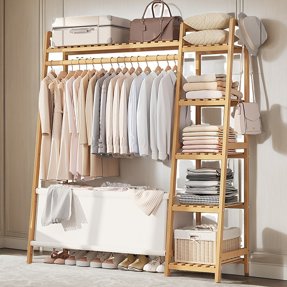 50.69in Apartment, bedroom Indispensable Cloth Bag Hangers 31.98in Portable Bamboo Wardrobe: Storage Organizer withHangers, Shelves, Bags, 5 Side Racks. Sturdy, Durable Quick & Easy Assembly. Ideal for Premium Stores, Laundry, Balconies.