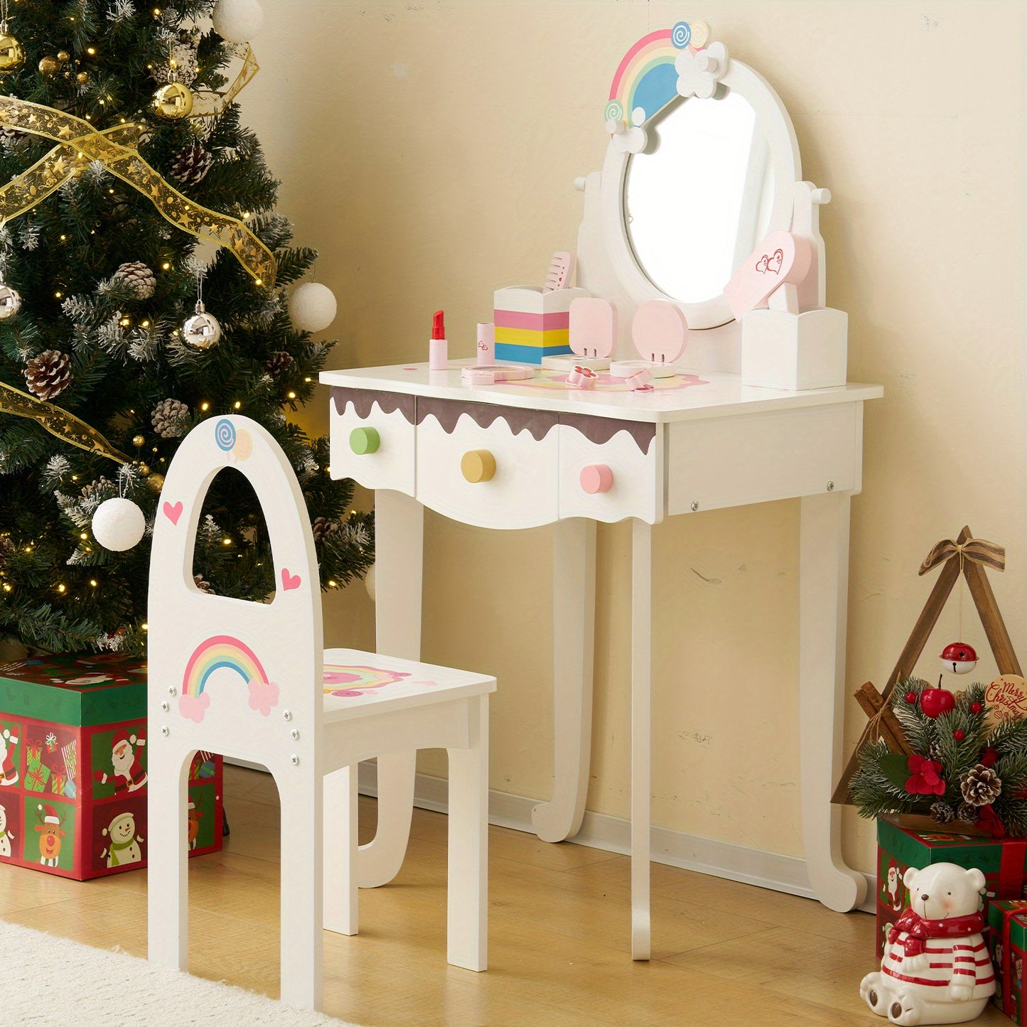 White\u002F Pink MDF Spray Paint 1 Mirror 3 Drawers 2 Desktop Storage Boxes Dressing Table Set Semicircular Backrest