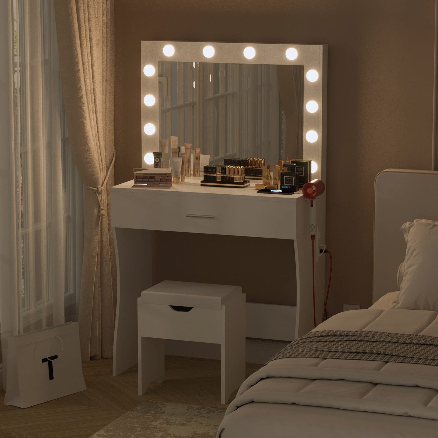 3-Drawer Vanity Desk With Lights - Makeup Vanities With Mirror, Power Outlet