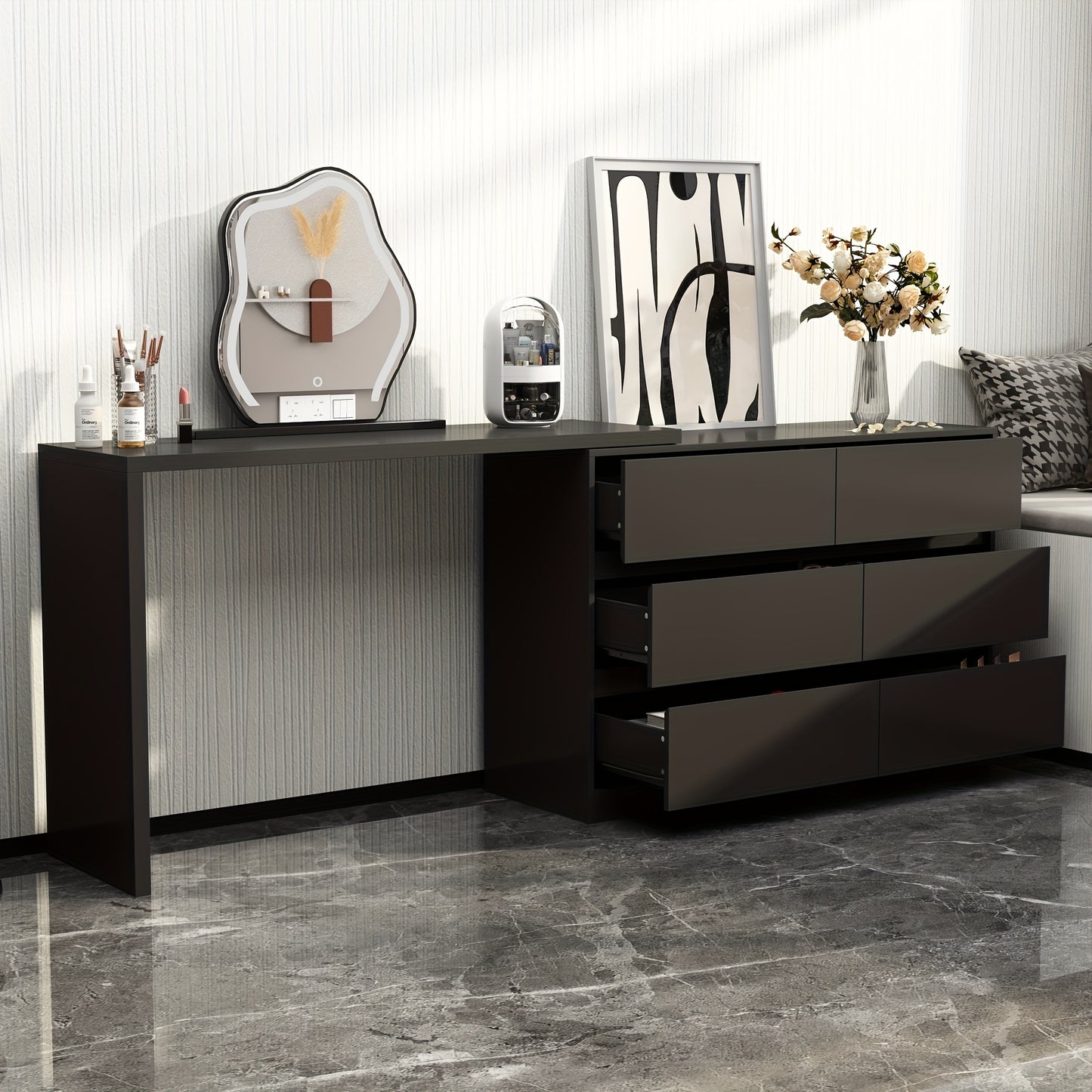 Rotating 6-drawer Makeup Vanity Dressing Table for Bedroom, Multi-functional Combination Cabinet for Office Desk, Modern And Minimalist Design, Black