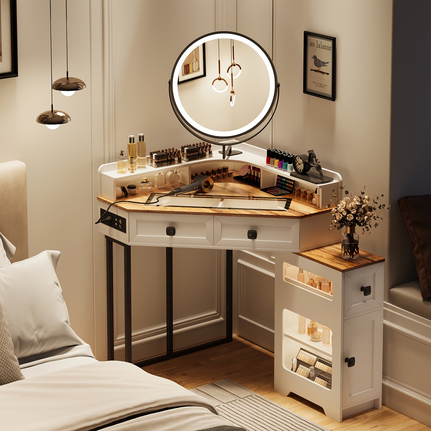 Dystler Corner Vanity with Mirror and Lights, Modern Makeup Vanity Set with Charging Station for Bedroom\u002FCloakroom, Glass Top Vanity Table with Drawers and Shelves, White