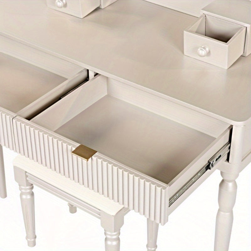 Chic Height-Adjustable Vanity Set with Round Mirror, 4 Spacious Drawers, Champagne Colored Dressing Table with Stool, Perfect for Home