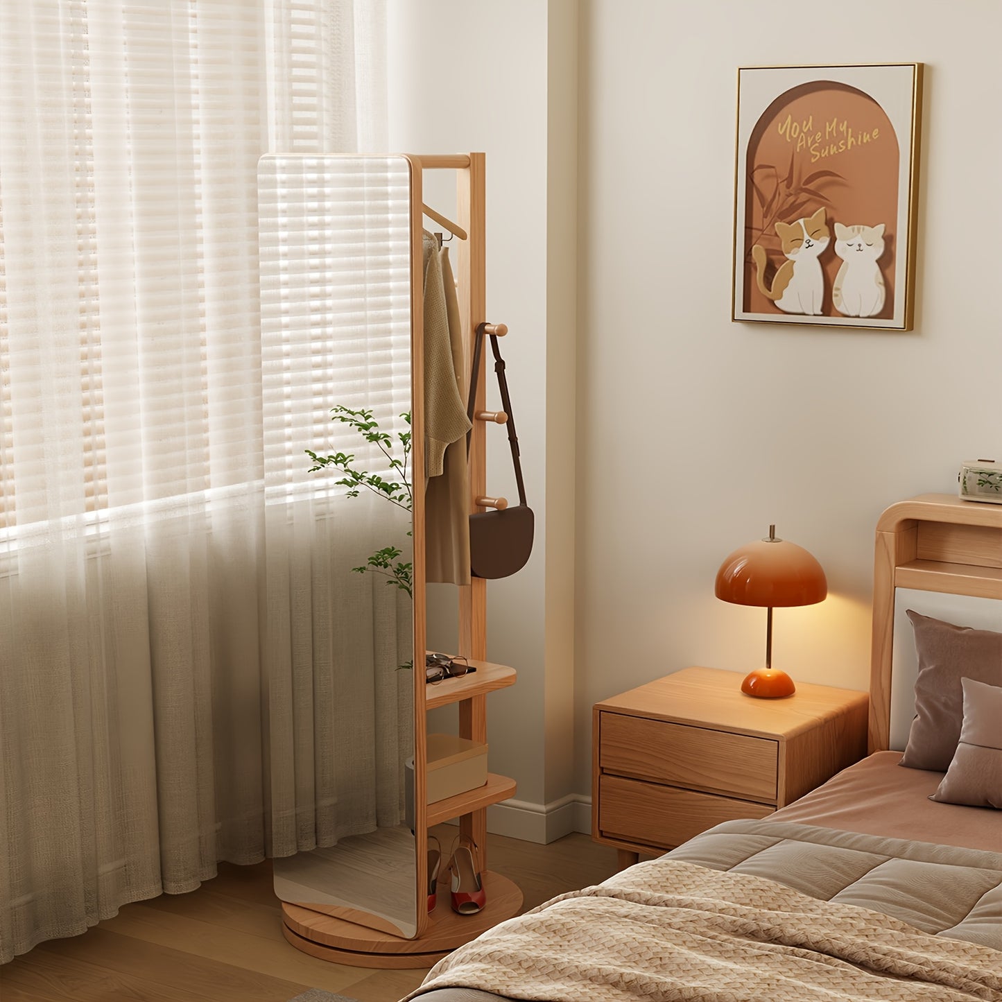 Solid Wood Floor Mirror With Coat Rack - Rotating Multifunctional Mirror Furniture For Home Teacher Furniture Storage Wardrobe, Suitable For Bedroom And Living Room, Free Shipping
