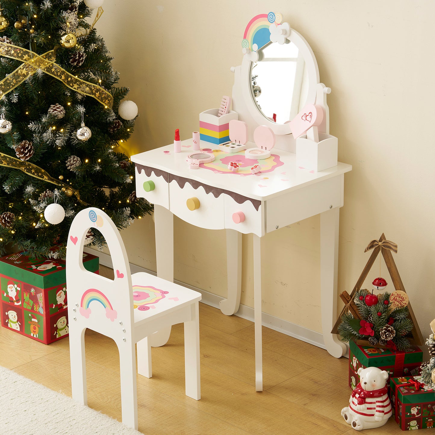 White\u002F Pink MDF Spray Paint 1 Mirror 3 Drawers 2 Desktop Storage Boxes Dressing Table Set Semicircular Backrest