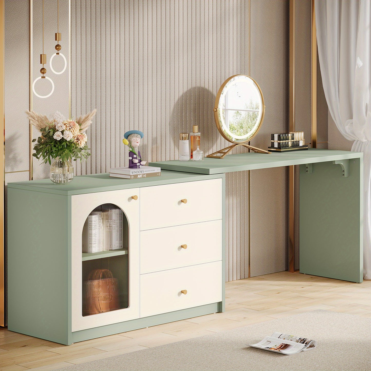 Modern Makeup Vanity Desk - Retractable Large Vanity Table with 3 Drawers & Cabinet